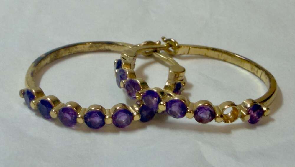 .925 Sterling Silver Purple Amethyst Hinged Hoop Earrings 1" Diameter